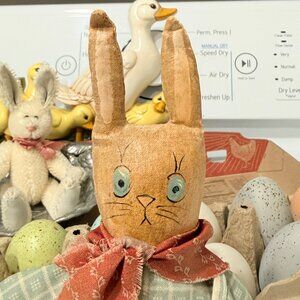 OOAK Vintage Easter Lott, Oil Cloth Bunny, Arthur Court bowl, Terracotta eggs